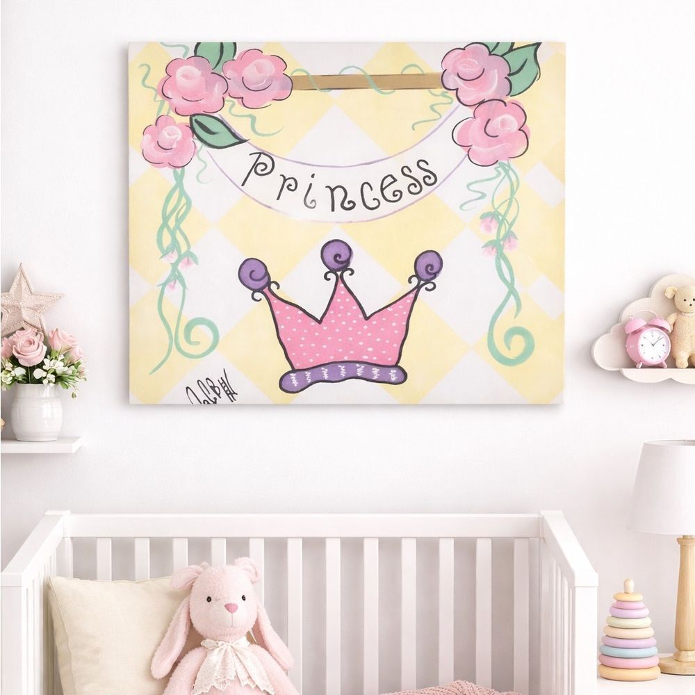 Vintage 2002 Hand Painted Princess Canvas Wall Art CrownNursery Decor 20x16
